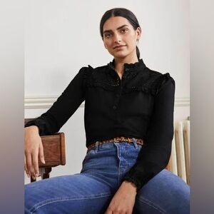 Boden Broderie Yoke Jersey Top Black Women’s Size 6 US 10 UK Long Sleeve